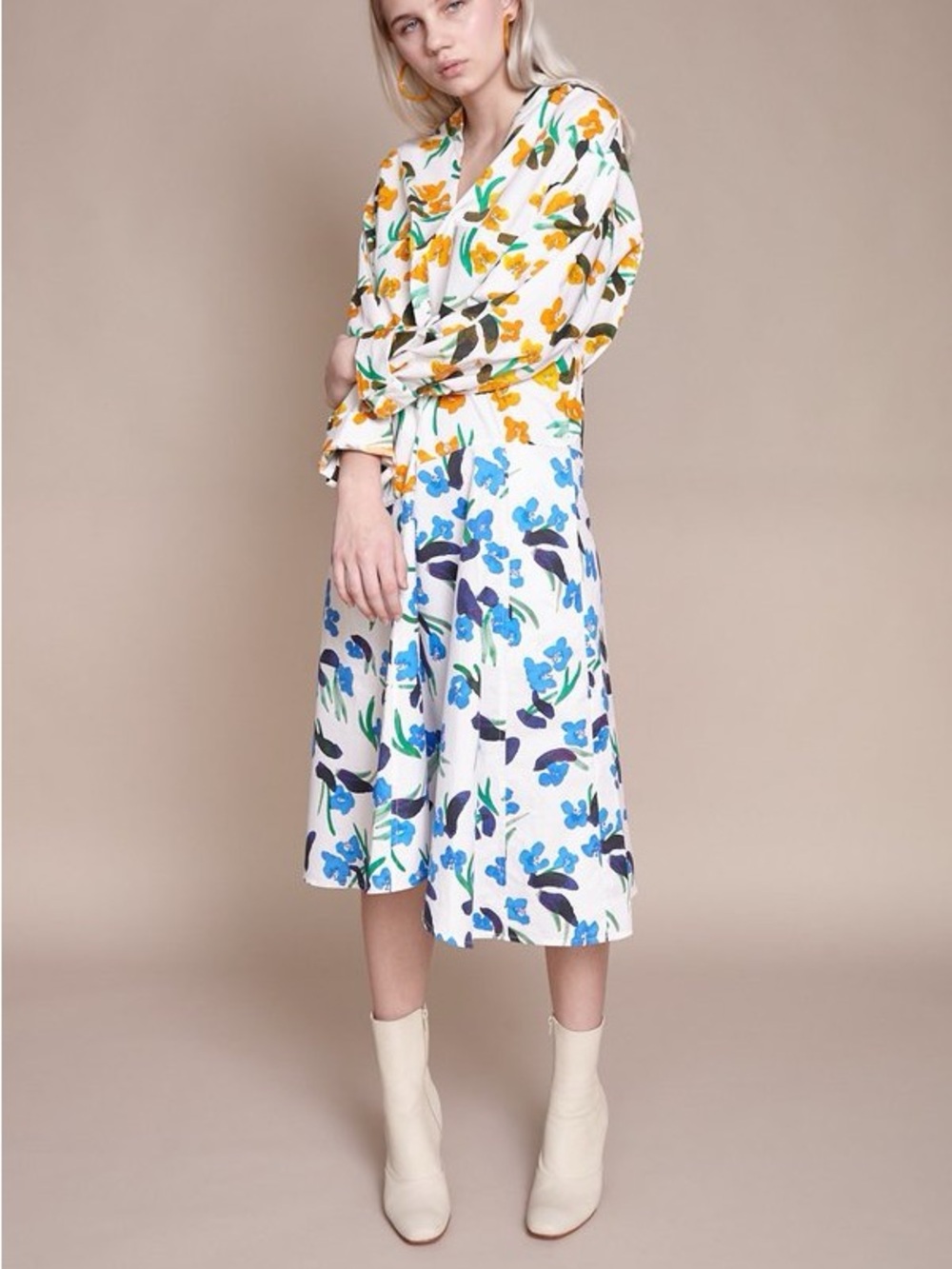 READ* Christian Wijnants Deja Dress Patchwork Floral Midi Orange Blue Size 36